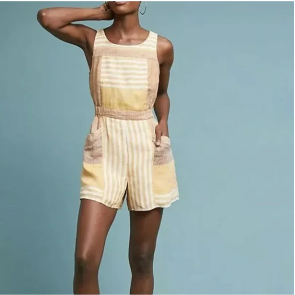 Anthropologie Ett Twa Wesley Linen Romper Yellow Striped Playsuit 8